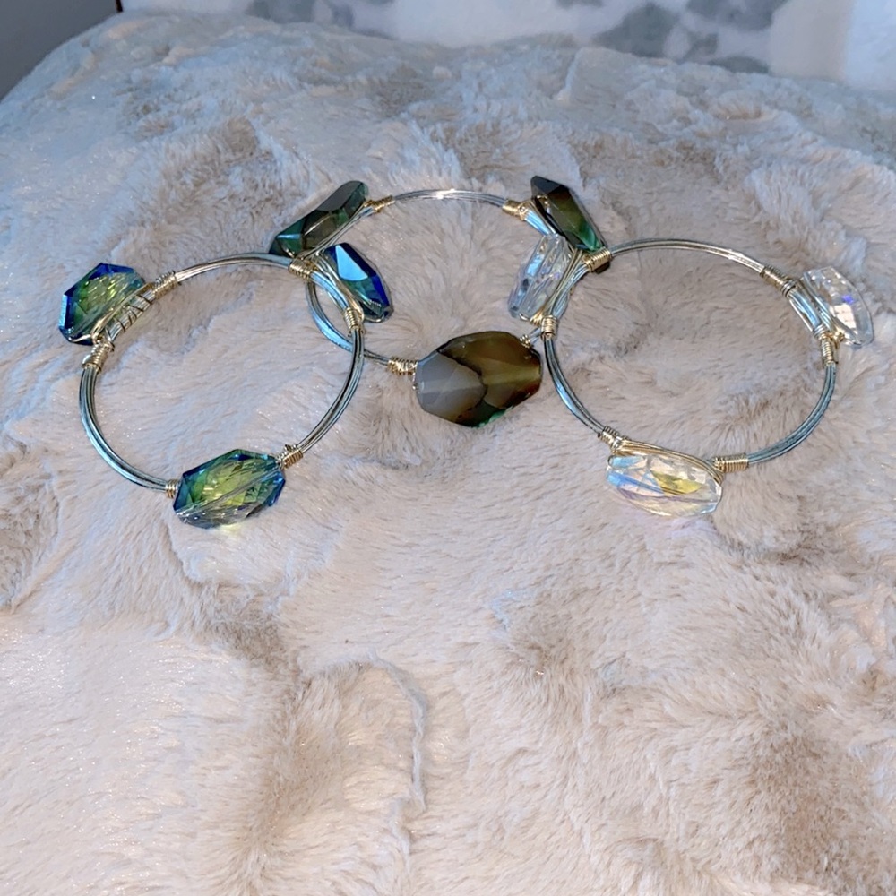 Set of 3 bangle bracelets, 3” diameter with agate and crystal gems